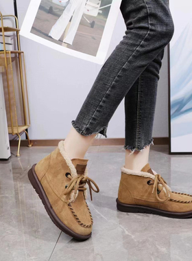 凤飞飞女鞋2024冬季新款雪地靴真皮磨砂皮平跟圆头系带保暖89136