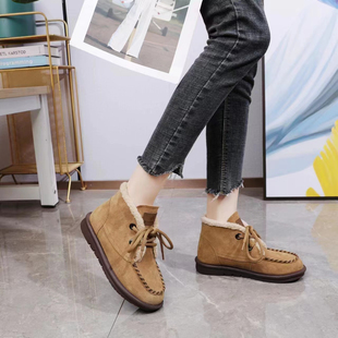 凤飞飞女鞋2024冬季新款雪地靴真皮磨砂皮平跟圆头系带保暖89136