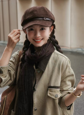 2026新款美拉德麂皮绒贝雷帽子女秋冬保暖报童帽百搭显脸小八角帽