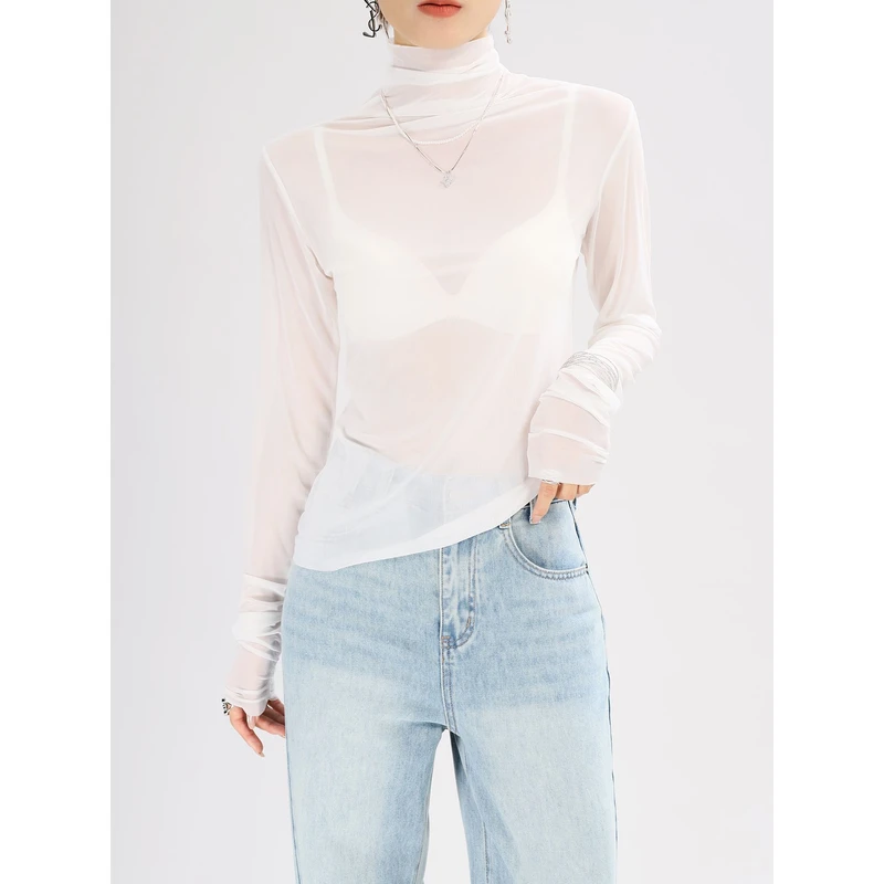 白色高领网纱打底衫女高端蕾丝内搭品牌透明透视超好看上衣高级感