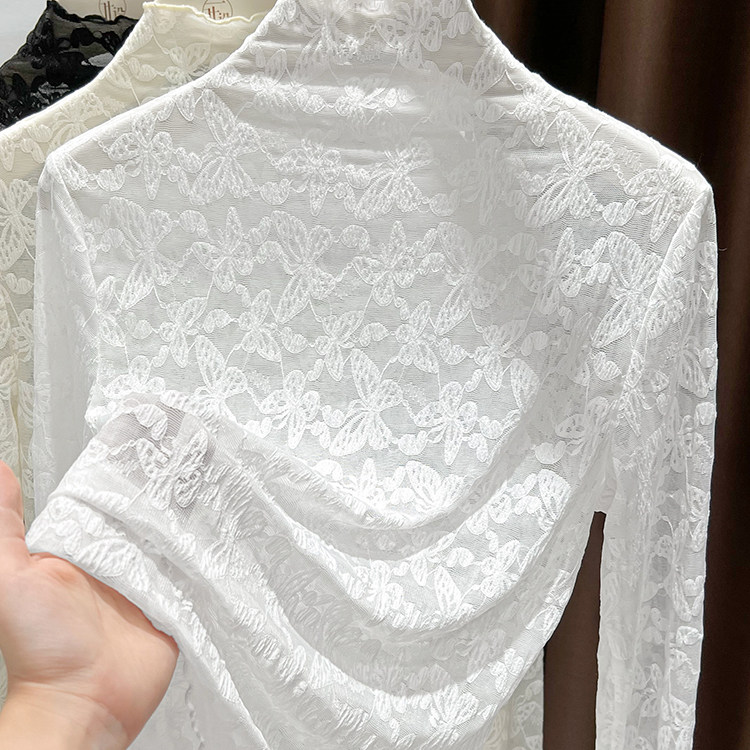 蝴蝶提花蕾丝打底衫女秋冬新款半高领内搭修身长袖薄纱上衣木耳边