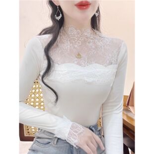 德绒打底衫女2025新款保暖超软半高领风衣内搭蕾丝拼接修身上衣冬