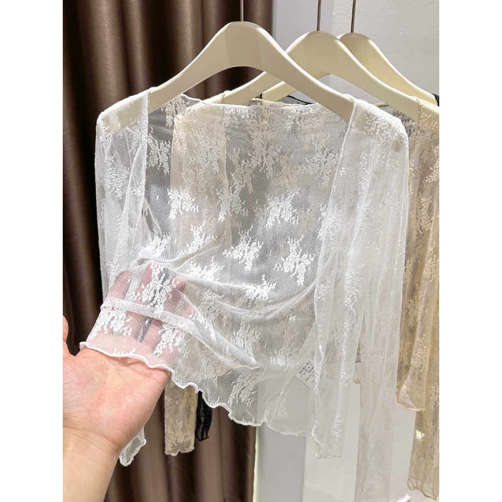 白色V领蕾丝披肩开衫女配吊带裙防晒罩衫外搭短款网纱小坎肩上衣