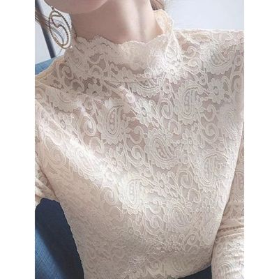 加绒加厚半高领蕾丝打底衫秋冬轻熟风气质修身显瘦长袖上衣小衫女