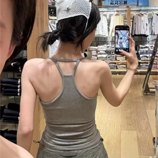 热辣欧美设计感灰色带胸垫吊带背心女内搭可外穿运动美背文胸一体