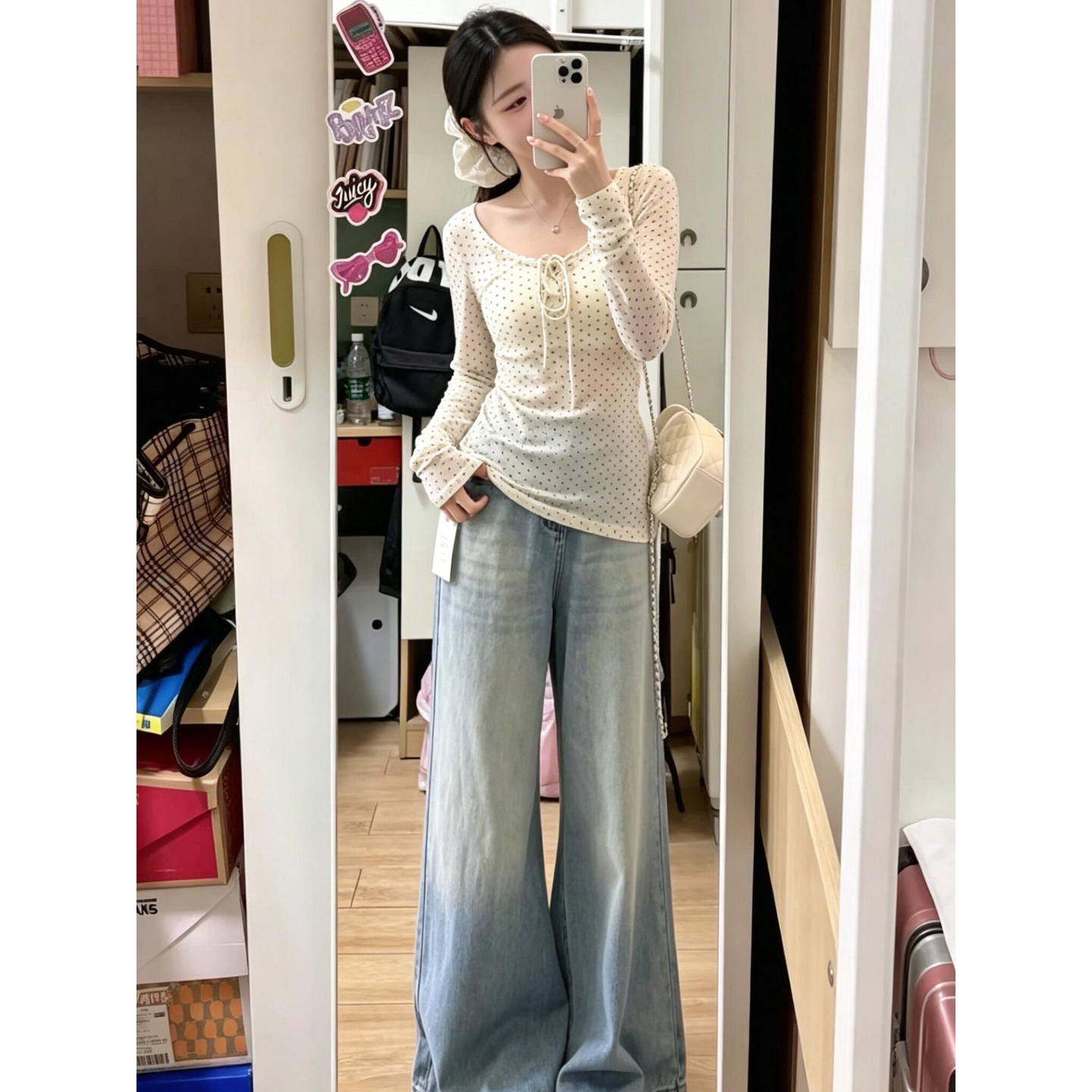 韩系复古拼接波点满印微透白色防晒衣女夏季修身显瘦百搭休闲上衣