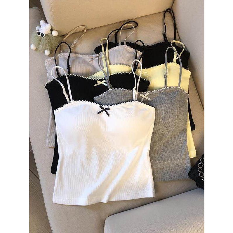 蝴蝶结装饰白色吊带背心女夏季外穿打底带胸垫内搭一字领抹胸上衣