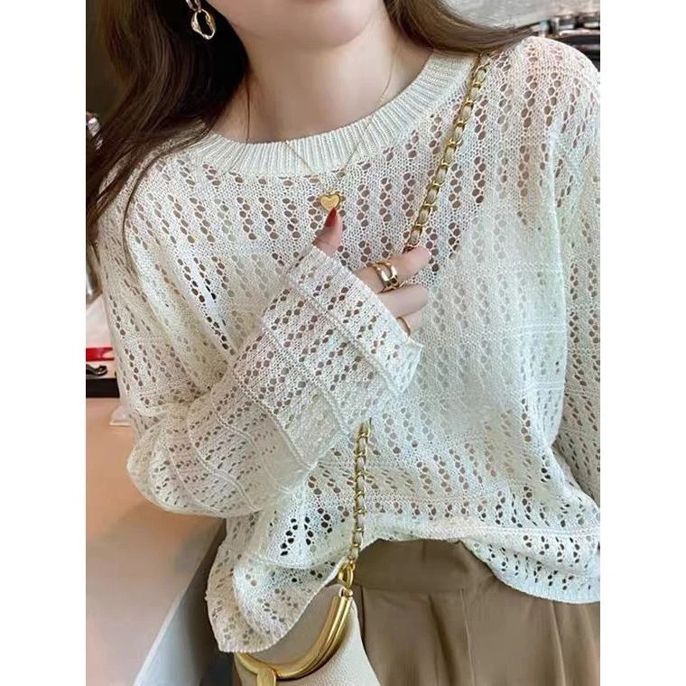 缕空针织衫女薄款毛衣2025秋装新款设计感小众长袖宽松外套上衣