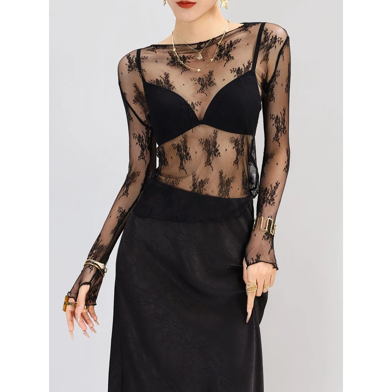 网纱打底衫女高端黑色蕾丝内搭品牌超好看长袖薄款透明上衣高级感