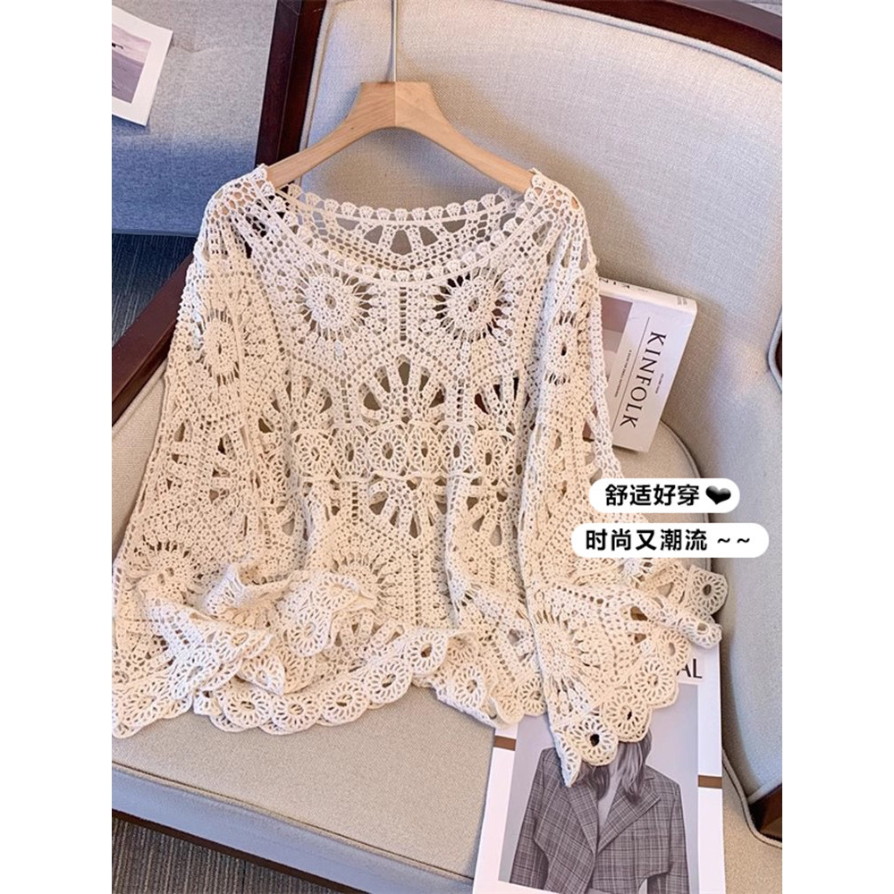 波西米亚钩花镂空针织衫女夏大码胖mm洋气减龄外搭罩衫喇叭袖上衣