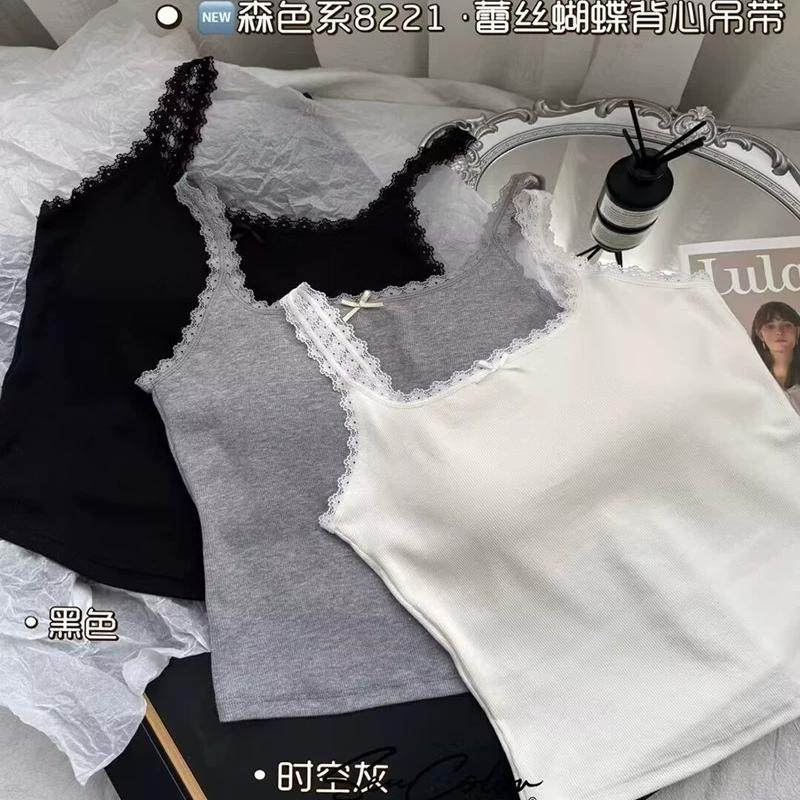 2025韩版螺纹棉蕾丝边吊带背心女带胸垫固定杯内搭打底衫内衣