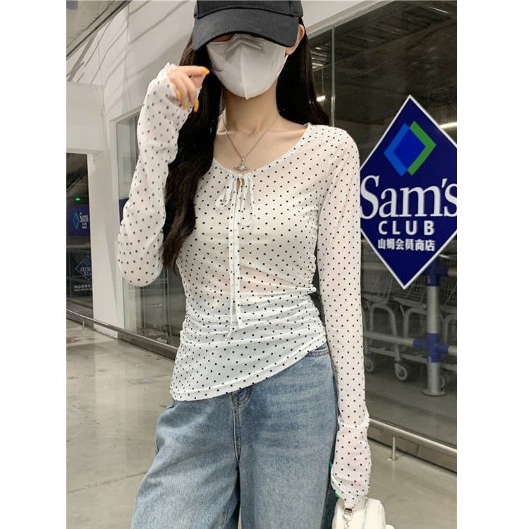 韩版波点网纱长袖T恤女2026春季新款系带修身显瘦微透打底衫上衣