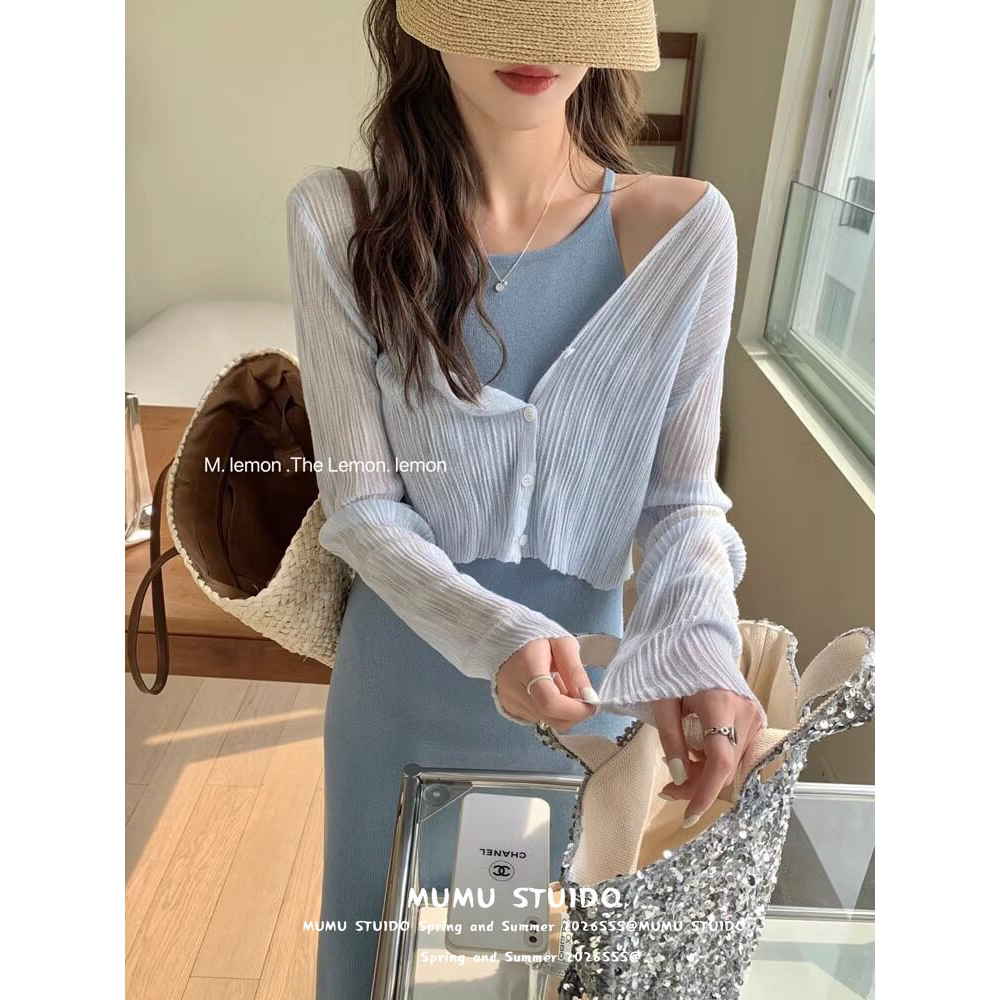 冰丝针织防晒开衫女披肩夏季高级感配吊带连衣裙外搭短款空调罩衫