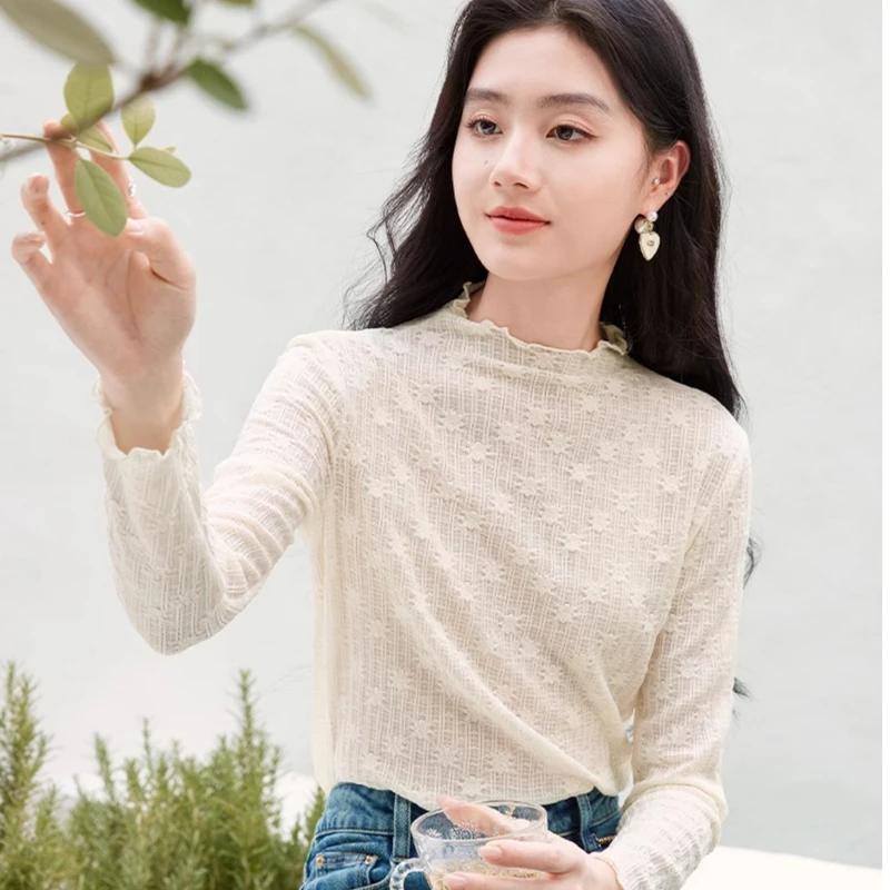 2025米白色薄款蕾丝内搭打底衫女秋装新款花边领长袖网纱上衣t恤