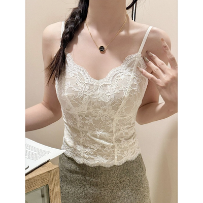 秋冬磨毛保暖纯欲法式蕾丝内搭V领带胸垫吊带美背心显瘦打底上衣