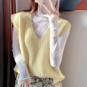 捡漏特价剪镖外贸折扣女装蕾丝网纱薄款打底衫女半高领木耳边上