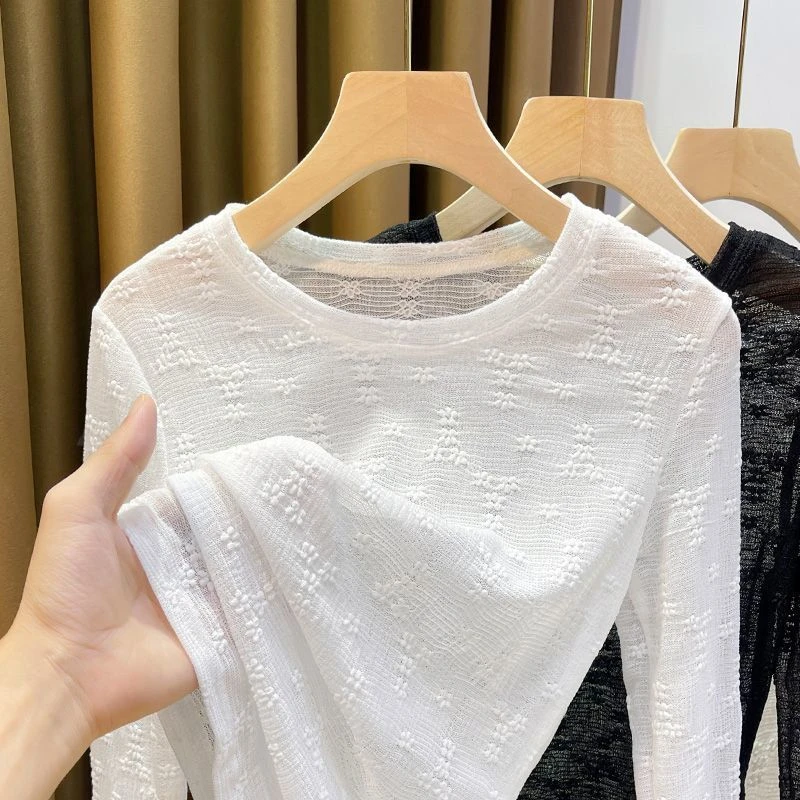 春秋季蕾丝打底衫女百搭正肩圆领长袖T恤紧身显瘦薄纱上衣内搭薄