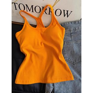 美式辣妹穿搭橙黄色带胸垫吊带背心女夏日外穿高级感美背文胸一体