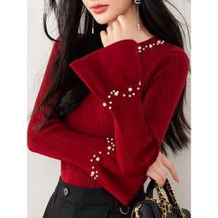 时髦洋气时尚针织衫上衣女士秋冬季2025新款本命年红色毛衣打底衫