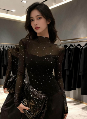 半高领波点烫钻蕾丝打底衫女洋气早秋季辣妹秋冬长款镂空网纱上衣