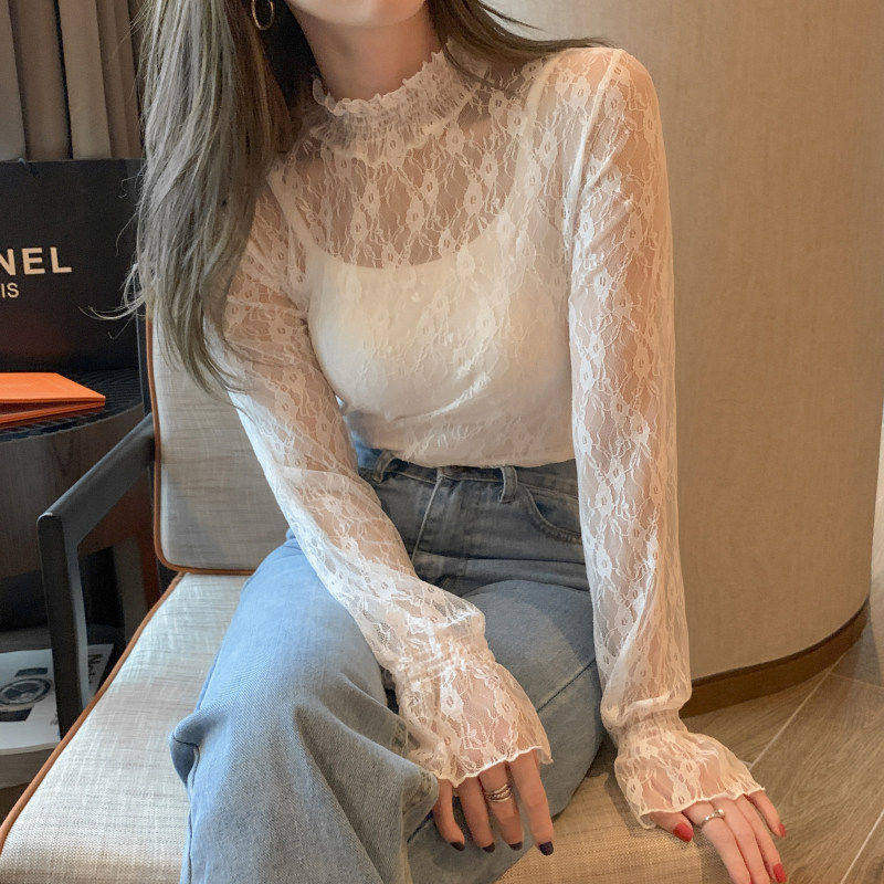 秋冬新款蕾丝打底衫女网纱内搭洋气长袖小衫韩版镂空半高领上衣潮