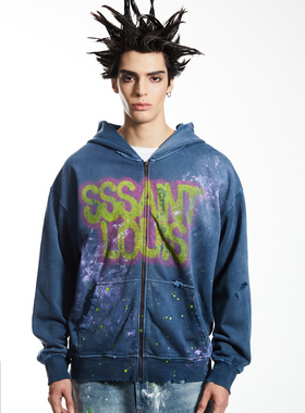 实体现货 Sssaint Louis 多色水洗喷绘涂鸦印花logo拉链帽衫