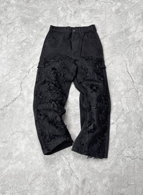 品牌直发 Arnodefrance ADF 燃烧双膝大破坏拼接伐木裤牛仔长裤