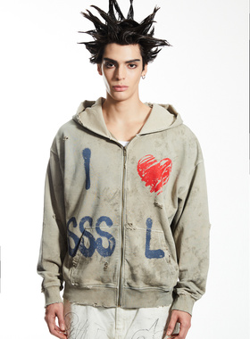 品牌直发 Sssaint Louis 23FW 脏白涂鸦风格拉链帽衫