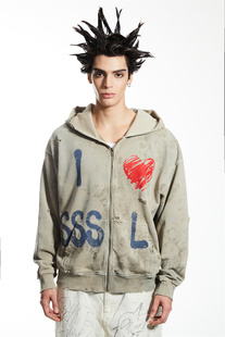 品牌直发 Sssaint Louis 23FW 脏白涂鸦风格拉链帽衫