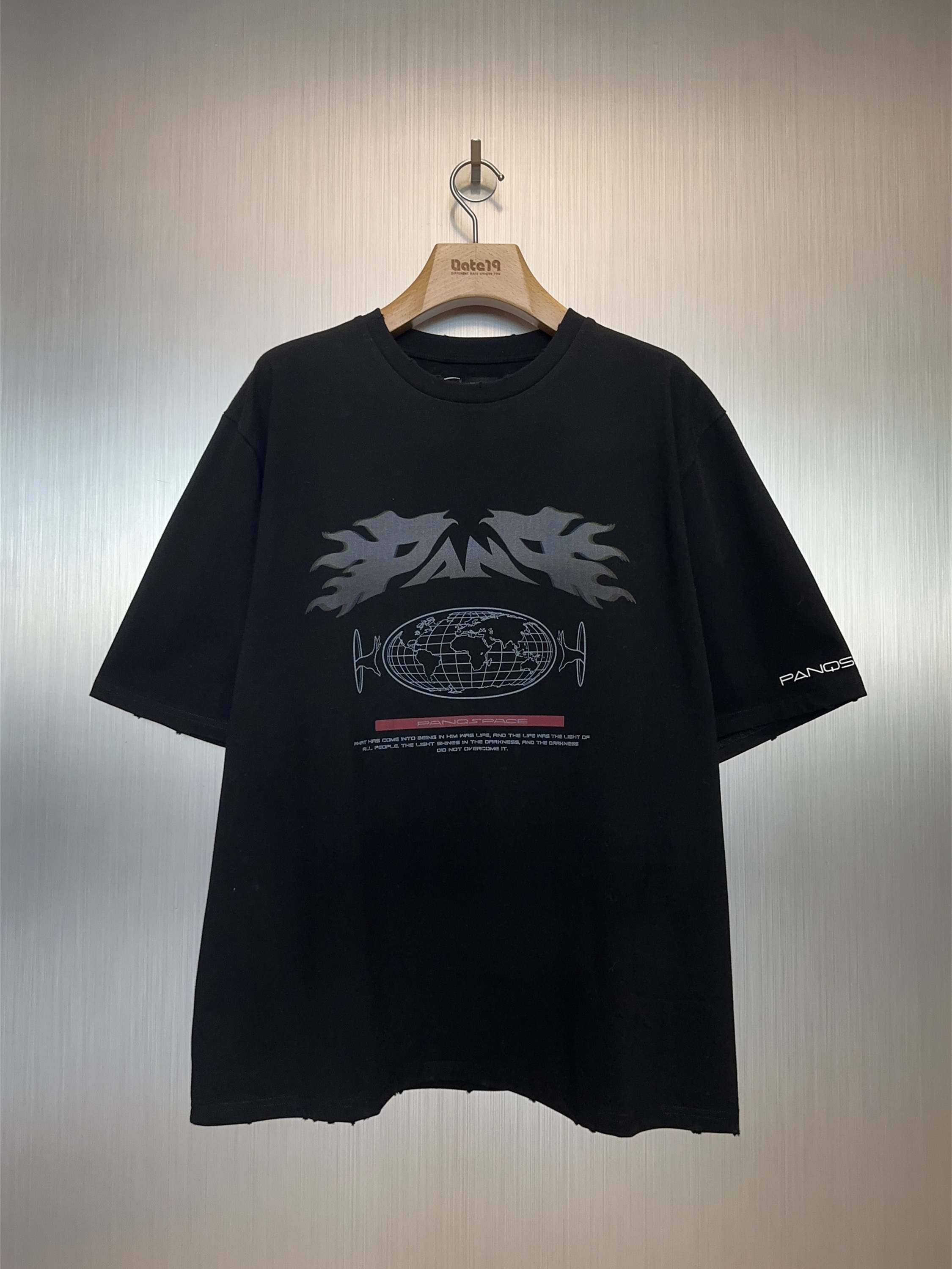 实体现货 Panq 水洗做旧破坏字母地球印花短袖T恤