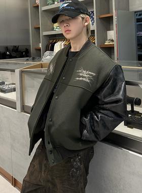 实体现货 Undermycar OLDBOY 刺绣皮袖拼接棒球服外套棉夹克