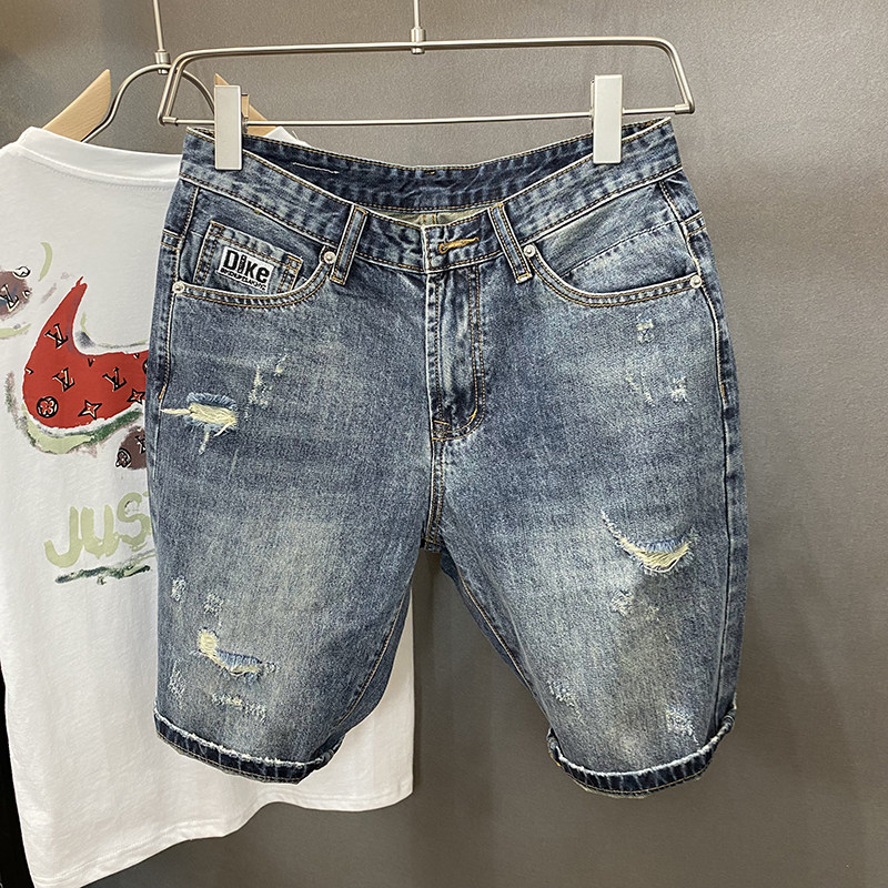 轻奢刺绣破洞牛仔短裤男时尚新款做旧复古宽松直筒五分裤痞帅中裤
