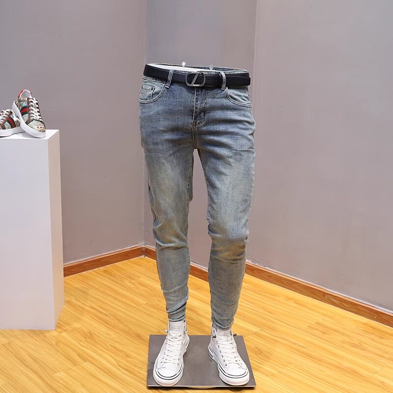 青年浅蓝色中腰小直筒裤男铅笔裤