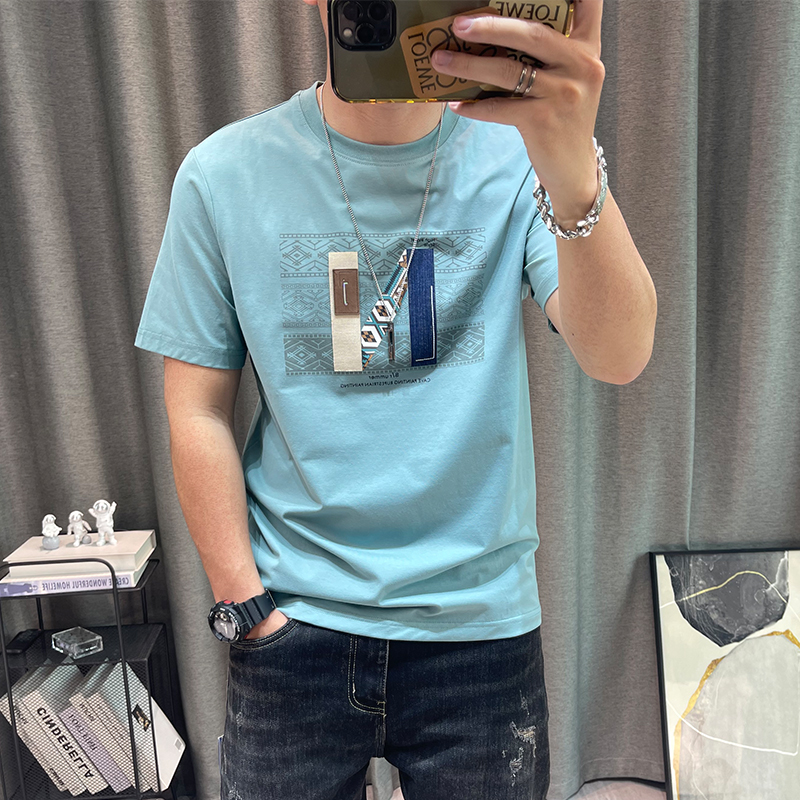潮牌男夏季新款男士字母刺绣纯棉半袖体恤衫修身高端男装短袖t恤