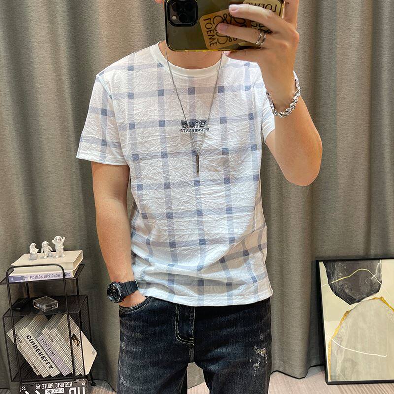 潮牌短袖t恤男夏季新款天丝棉麻格子上衣修身半袖高端男装体恤衫
