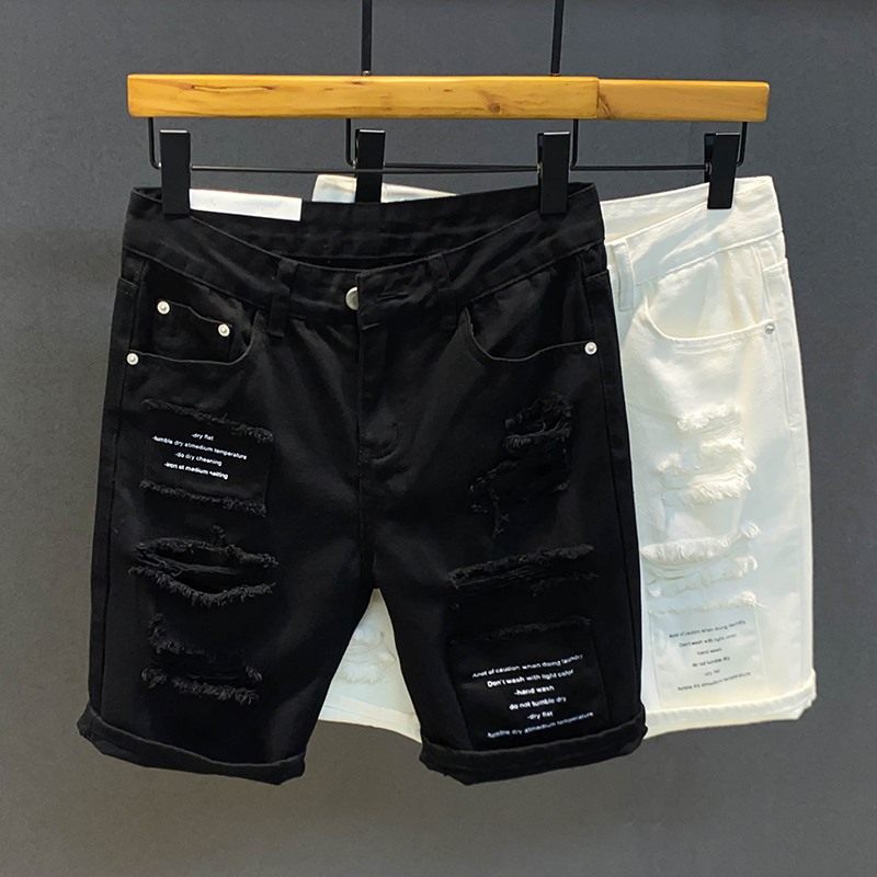 潮牌乞丐破洞牛仔短裤男夏季白色印花休闲直筒潮流黑色五分中裤子