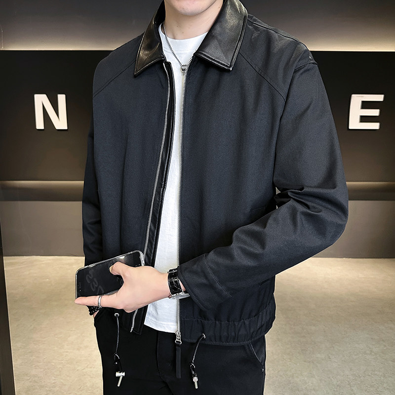 痞帅PU皮拼接夹克外套男潮牌潮流高级感男装上衣服春秋季2025新款