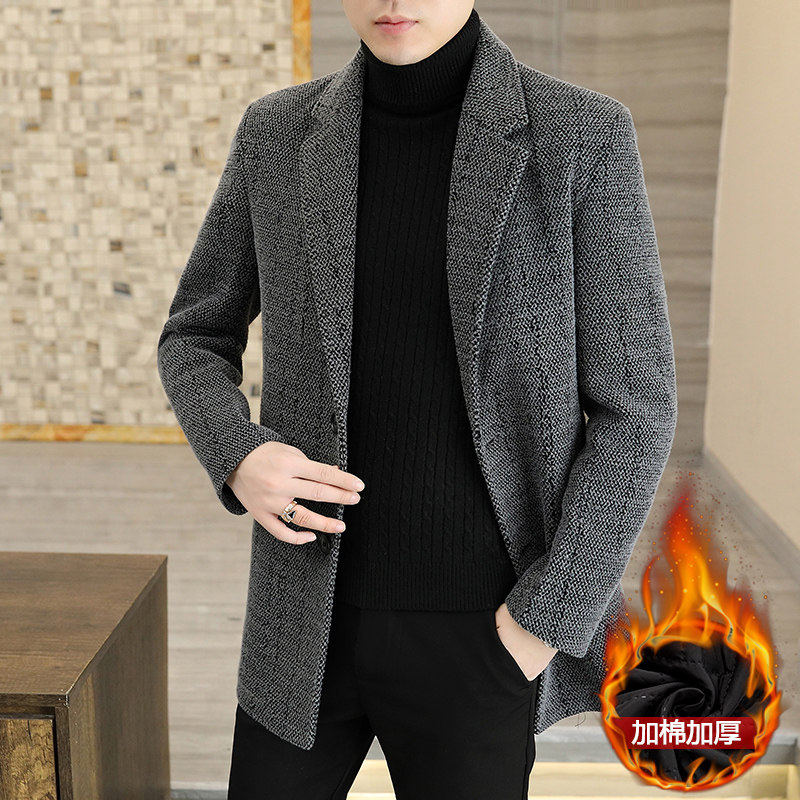 秋冬季中年毛呢大衣男士外套西装领金貂绒中长款休闲风衣男爸爸装