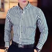 春季 衬衫 条纹衬衣竖条纯棉上衣青年潮 韩版 休闲商务寸衫 男长袖 修身