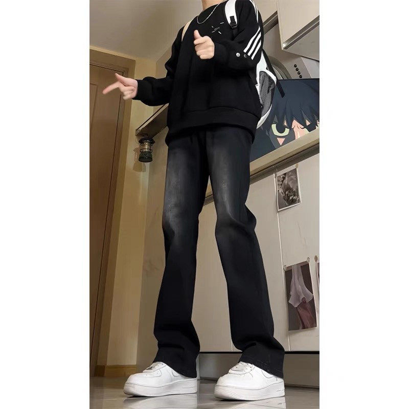 美式高街vibe裤子男款春秋cleanfit渐变牛仔裤直筒窄版弯刀微喇裤