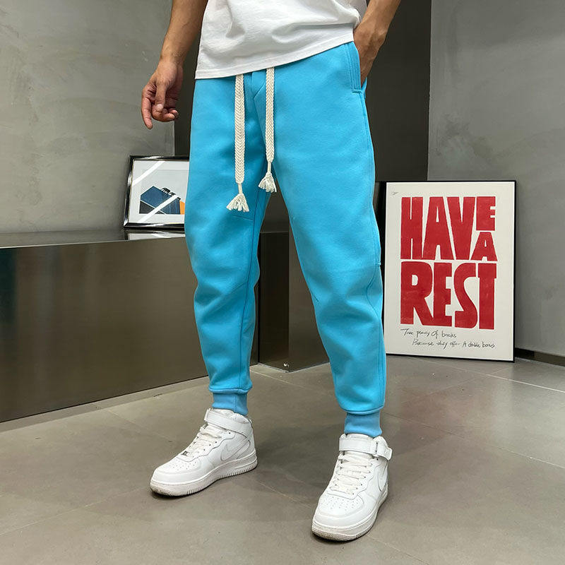 高端卫裤男秋冬款天蓝色休闲裤多巴胺穿搭束脚运动裤糖果色哈伦裤