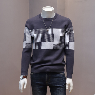 潮牌冬季新款韩版青年时尚圆领针织衫方块格子拼接男士休闲毛衣服
