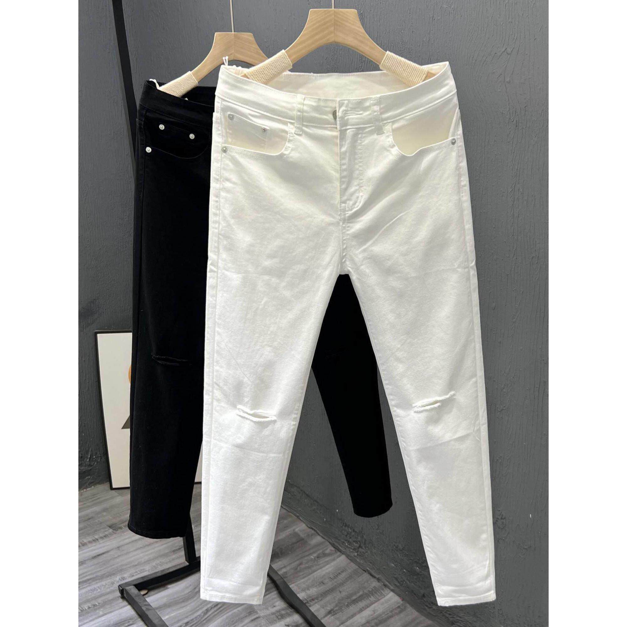 高级感破洞白色牛仔裤痞帅男士小脚九分裤修身百搭春夏季薄款裤子