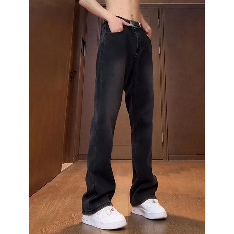 黑灰色牛仔裤男款秋冬青少年瘦高个裤子美式高街修身直筒微喇长裤