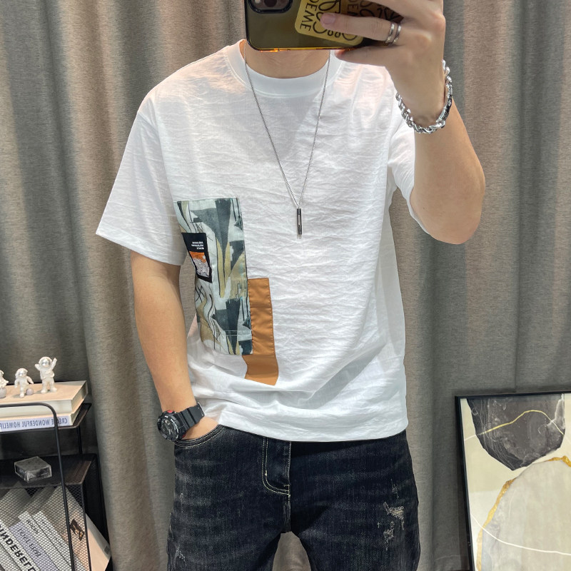 潮牌短袖t恤衫男士夏季新款高端薄款棉麻半袖体恤衫青年男装上衣