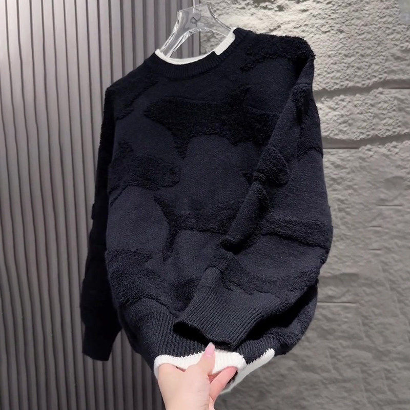 轻奢黑色圆领立体印花假两件针织衫秋季新款时尚宽松休闲男装毛衣