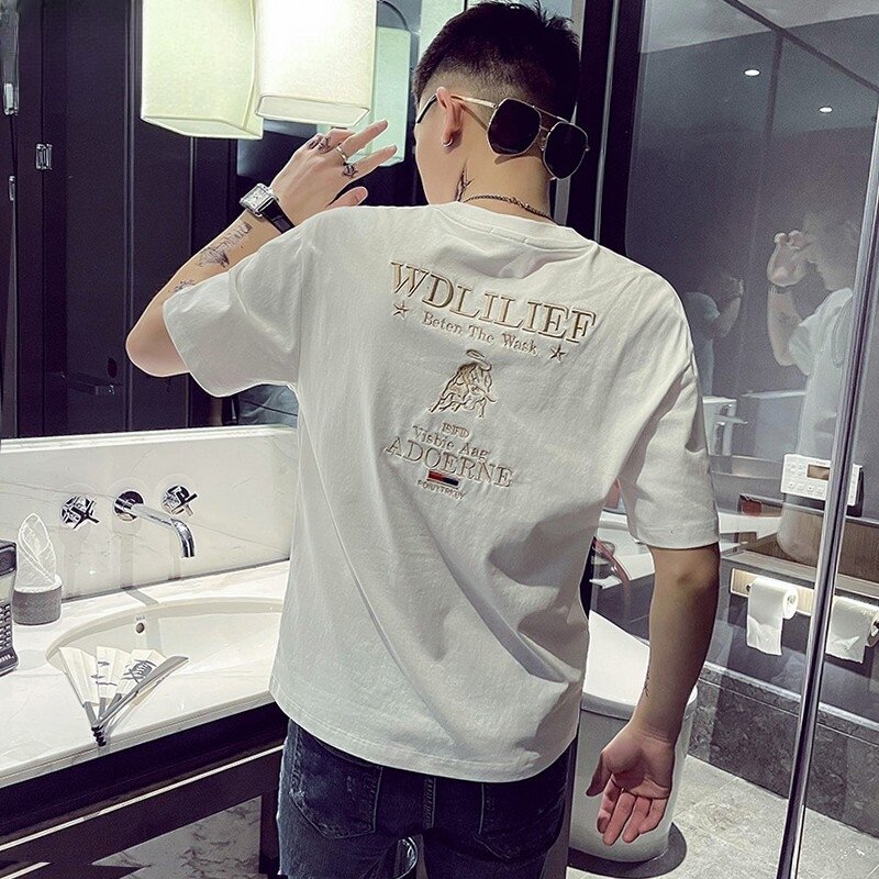 潮牌高端刺绣男士短袖t恤重磅新款凉感冰丝ins修身纯棉上衣体恤衫