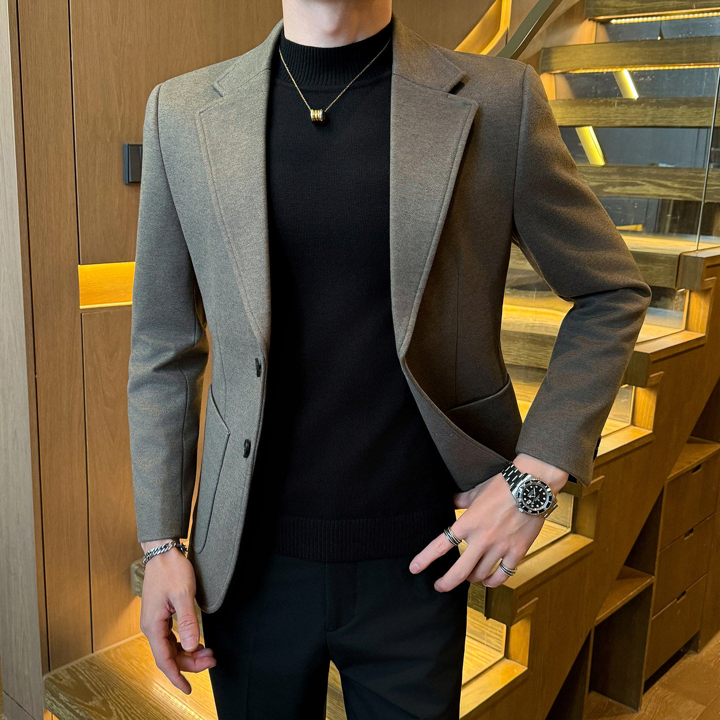 轻奢休闲小西装外套男士秋冬季新款毛呢子大衣高级感痞帅西服男款