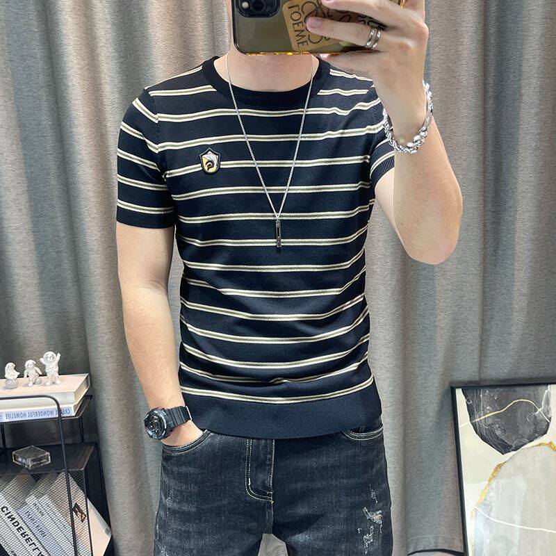 潮牌条纹短袖针织衫男修身半袖