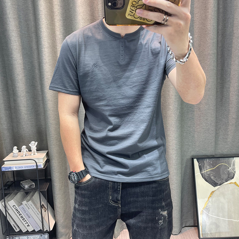 潮牌天丝棉麻短袖t恤衫男士夏季新款纯色简约高端男装上衣体恤衫